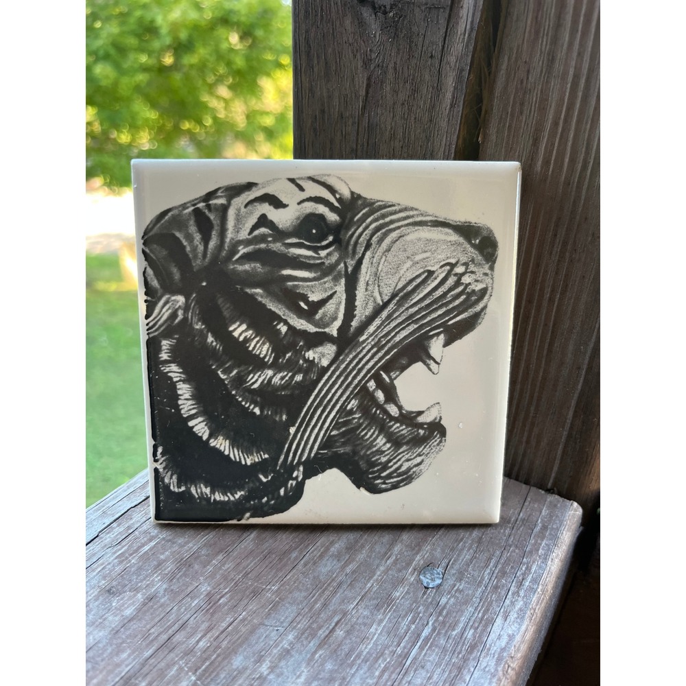 Florida Tile Tiger Head Ceramic Art Tile Vintage 1985 Black White 4.25" USA FT85